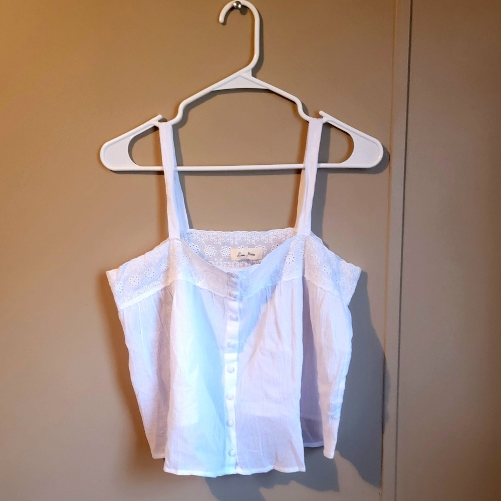 LOVE NOTES WOMENS WHITE BUTTON DOWN EYELET TANK TOP 100% COTTON SIZE LARGE